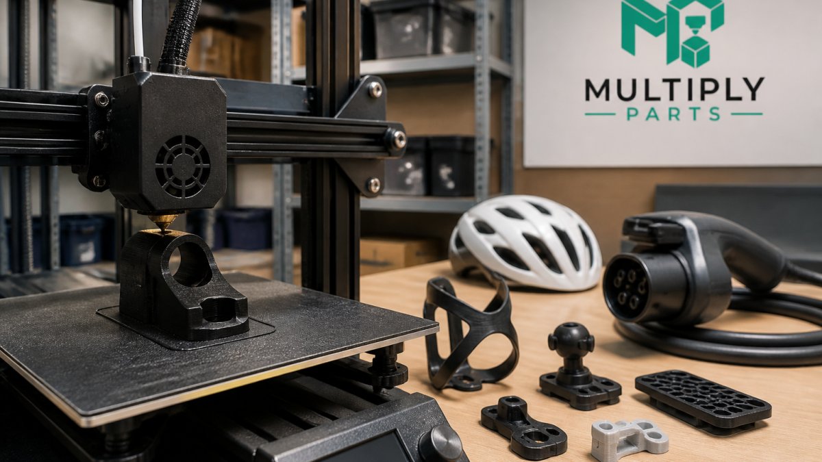 Alternatives to High MOQ Manufacturing: 7 Options 2 Close-up of a 3D printer nozzle laying down a layer of filament on a small bracket, with finished sports and EV accessory prototypes arranged on a nearby workbench under bright shop lighting