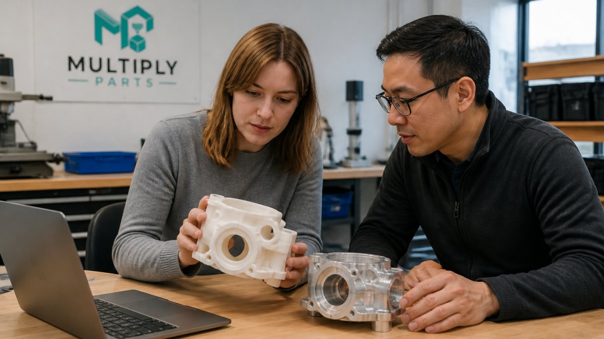 A product designer and an engineer reviewing a 3D-printed prototype alongside a CNC-machined metal part on a workbench, with a laptop showing CAD software in a bright workshop