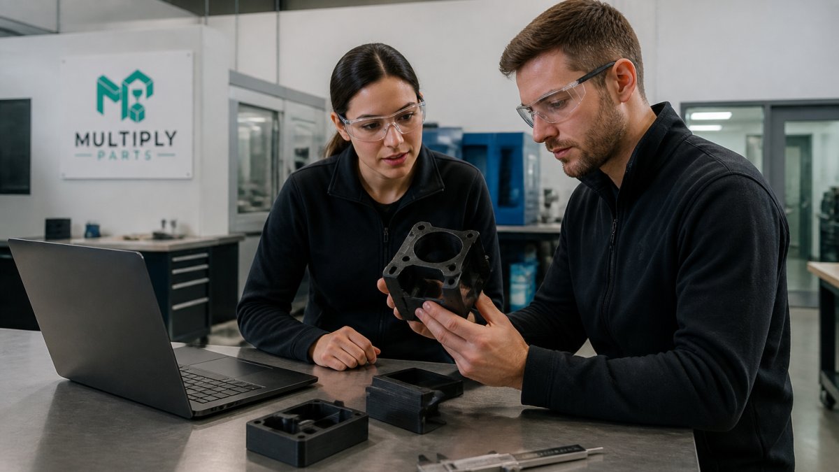 Best Efficient Manufacturing Infrastructure for Rapid Prototyping 2 A product designer and an engineer in safety glasses examining a 3D-printed functional prototype on a steel workbench, calipers and a laptop showing CAD software beside them, bright overhead lighting in a manufacturing facility
