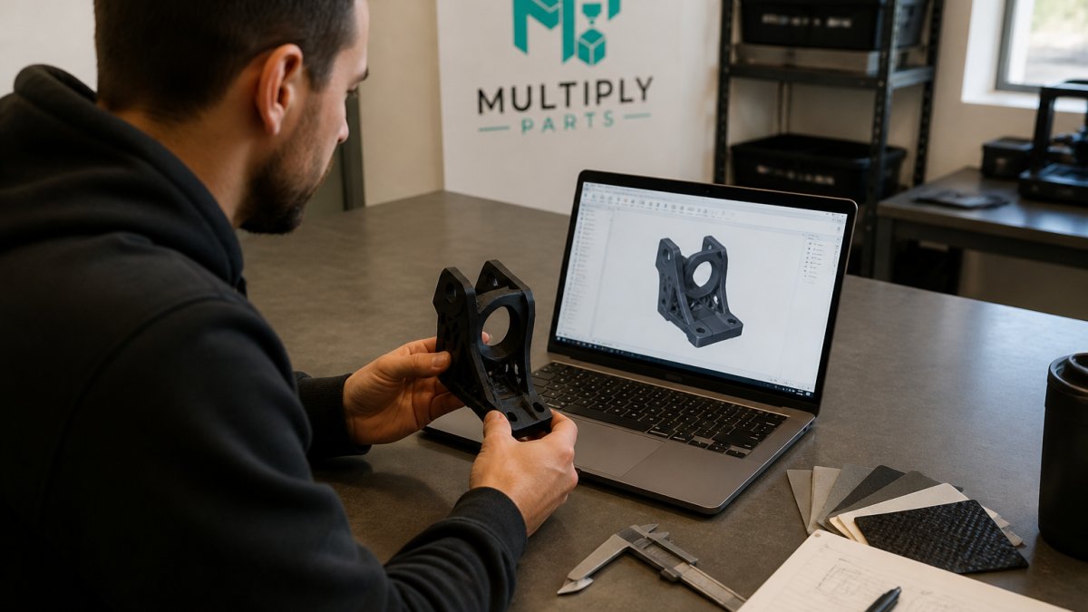 A product designer at a workbench reviewing a 3D-printed prototype part next to a laptop showing CAD software, with calipers and material samples nearby