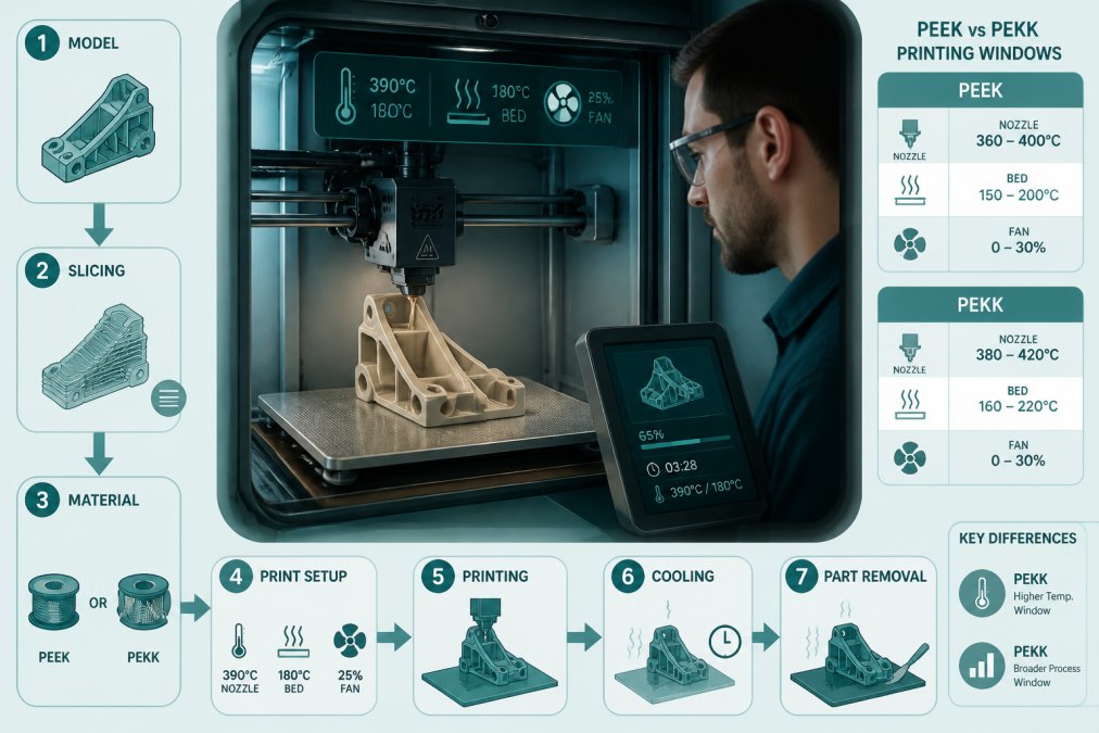 PEEK vs PEKK Properties for Manufacturing: 2026 Comparison 2 Engineer monitoring a high-temperature PEEK vs PEKK 3D printing process in an industrial build chamber.